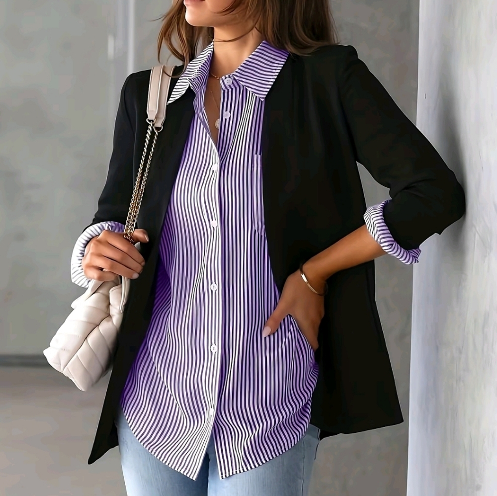 NWT Purple‎ White Stripe Button Down One Pocket  Long Sleeve Blouse Size 2XL